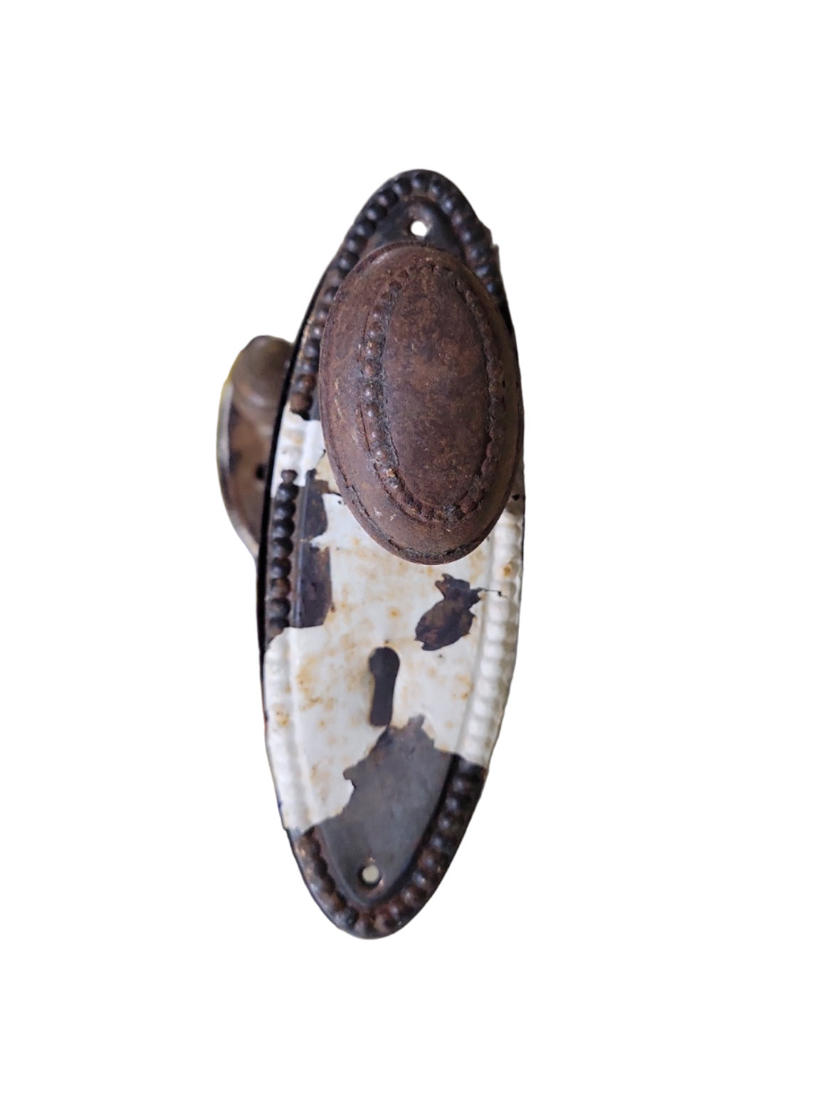 Antique "Copley" Cast Iron Doorknob Set with Beaded Oval Backplates – 7 ½"