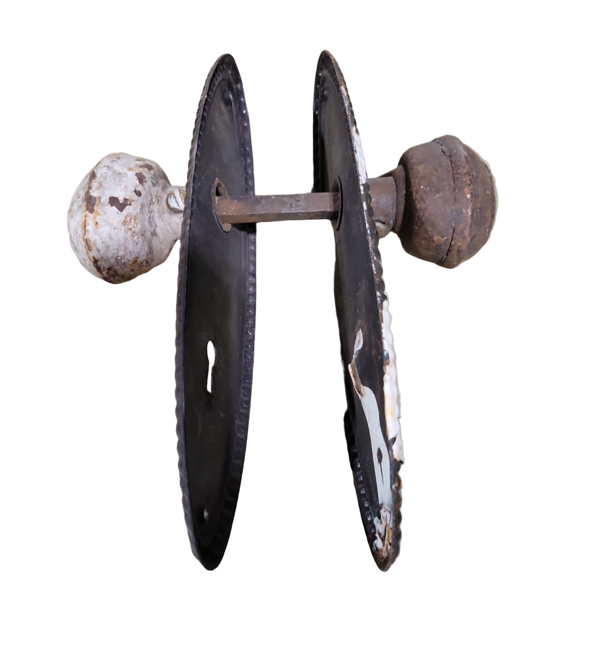 Antique "Copley" Cast Iron Doorknob Set with Beaded Oval Backplates – 7 ½"