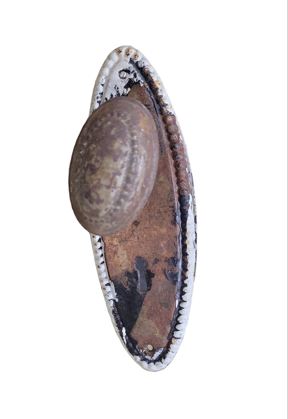 Antique "Copley" Cast Iron Doorknob Set with Beaded Oval Backplates – White Painted & Rust Patina