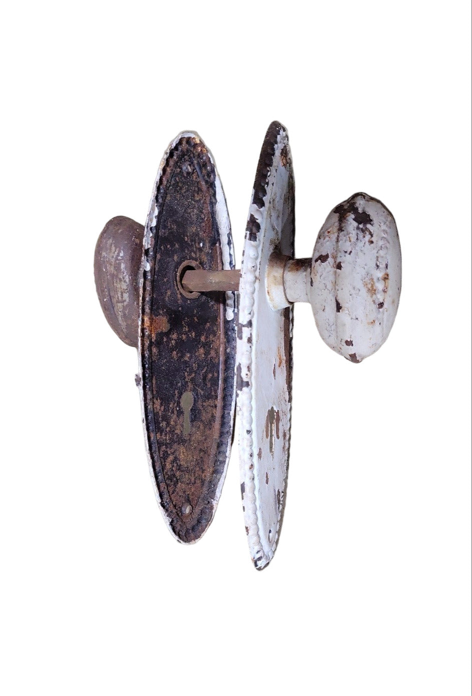 Antique "Copley" Cast Iron Doorknob Set with Beaded Oval Backplates – White Painted & Rust Patina