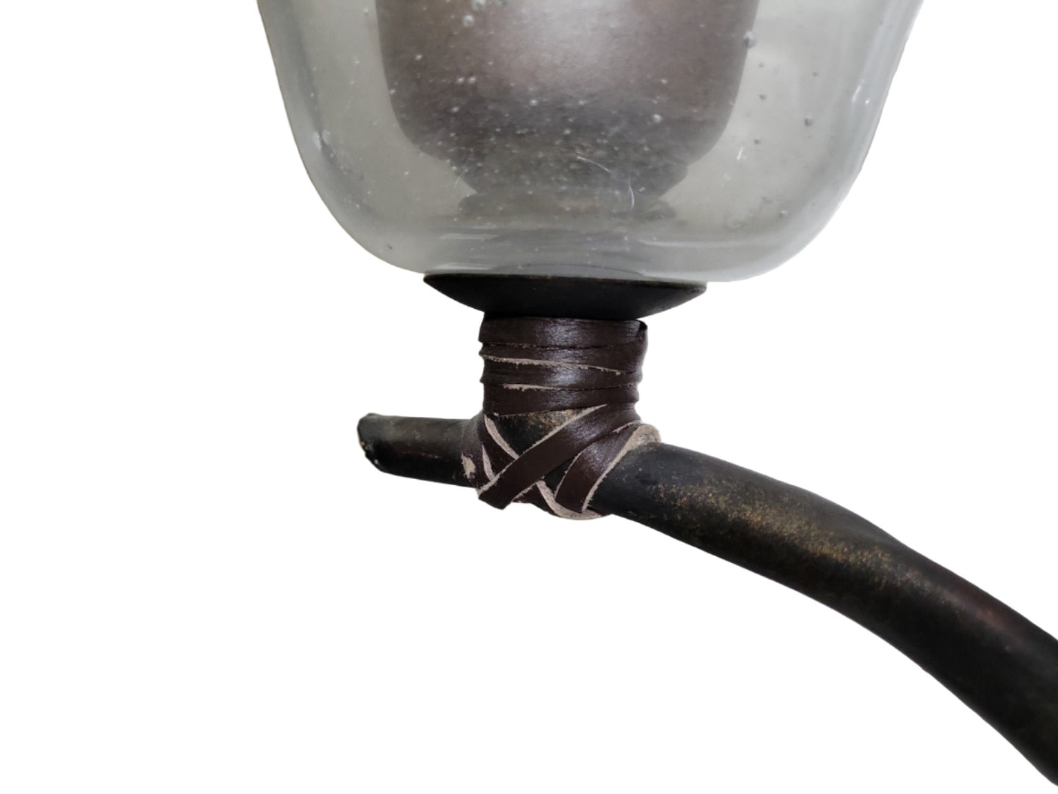 Rustic Wrought Iron Double Light Wall Sconce with Glass Shades, Iridescent Leaf Detail & Leather Accents