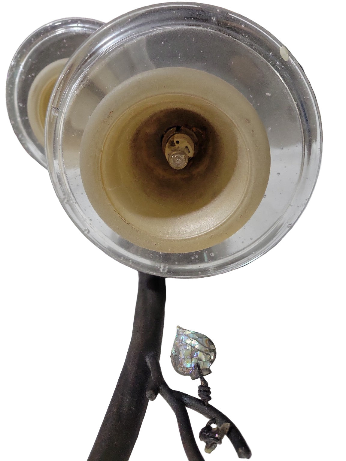 Rustic Wrought Iron Double Light Wall Sconce with Glass Shades, Iridescent Leaf Detail & Leather Accents