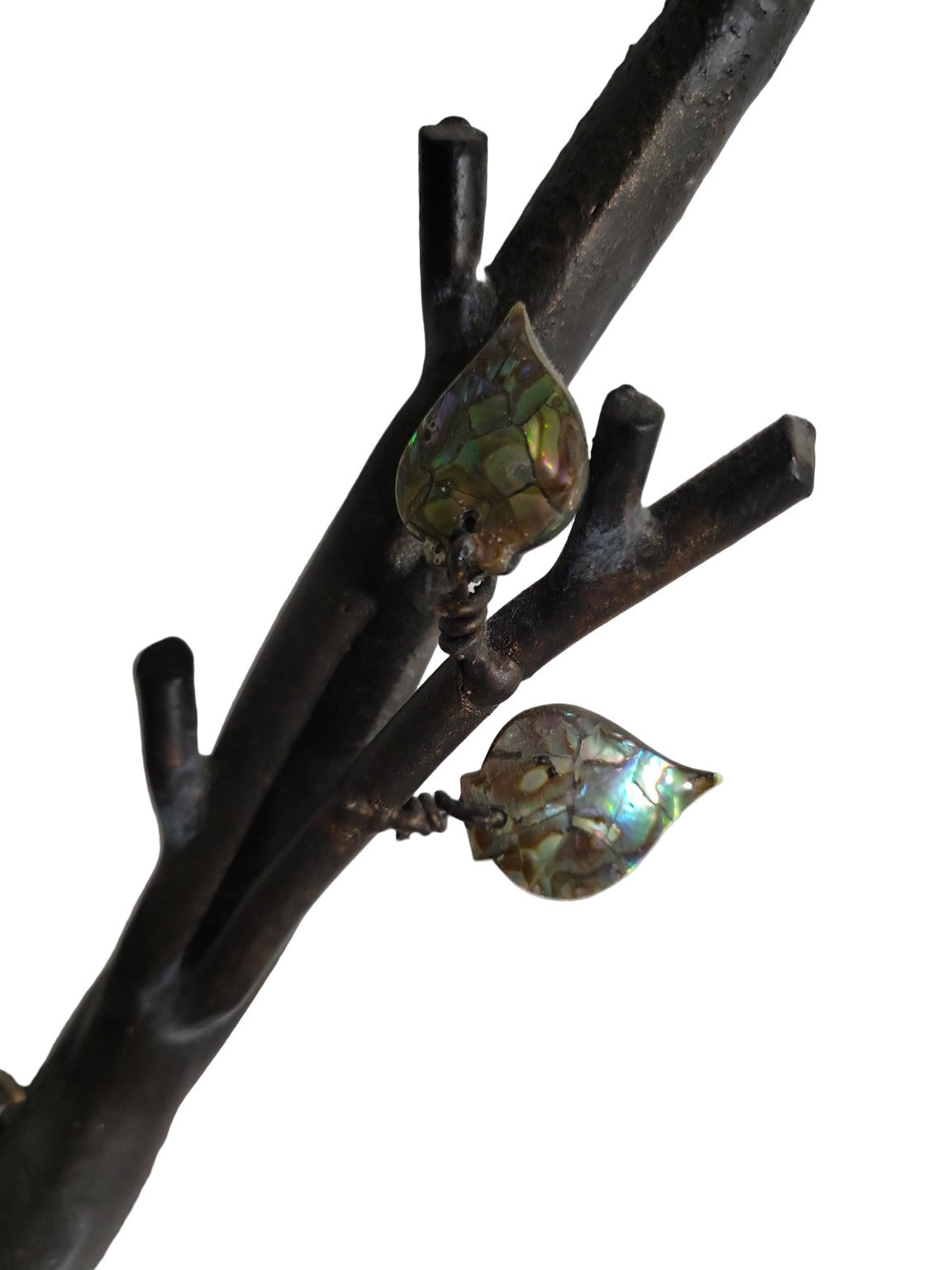 Pair of Kalco Artisan Wrought Iron Wall Sconces with Glass Shades, Abalone Leaf & Leather Accents