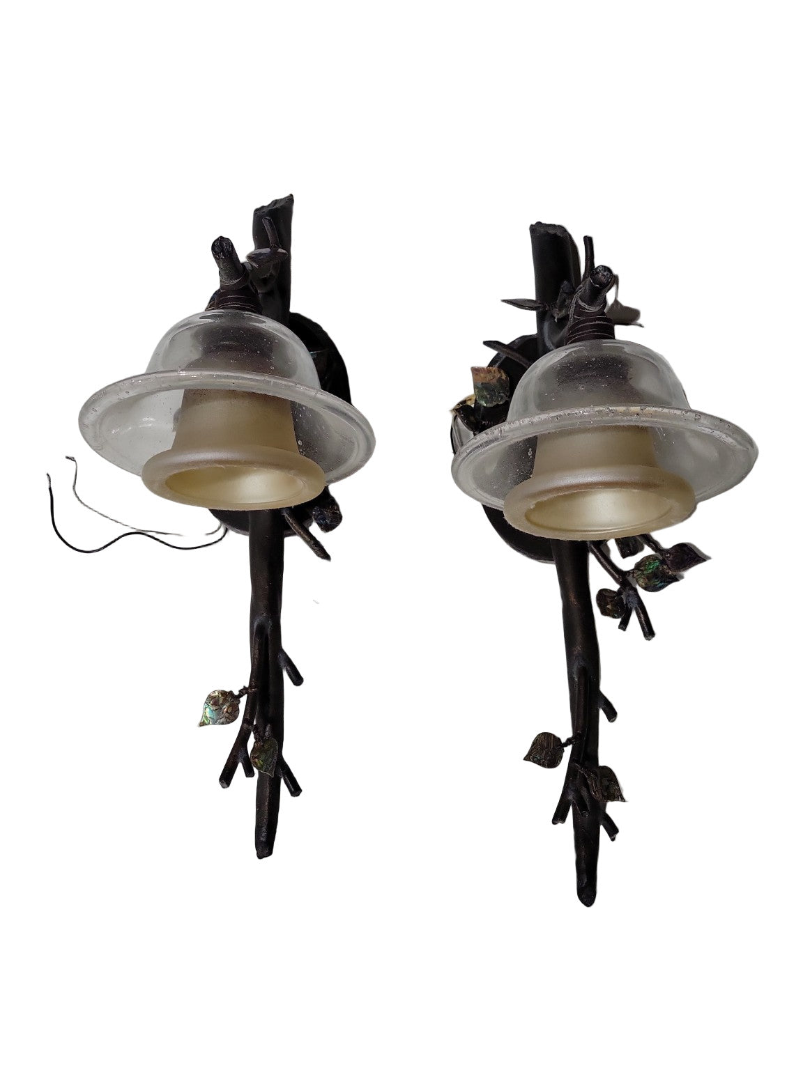 Pair of Kalco Artisan Wrought Iron Wall Sconces with Glass Shades, Abalone Leaf & Leather Accents