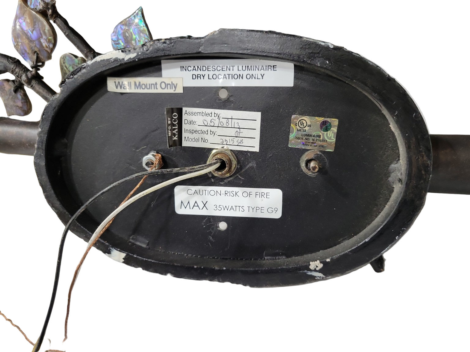 Pair of Kalco Artisan Wrought Iron Wall Sconces with Glass Shades, Abalone Leaf & Leather Accents