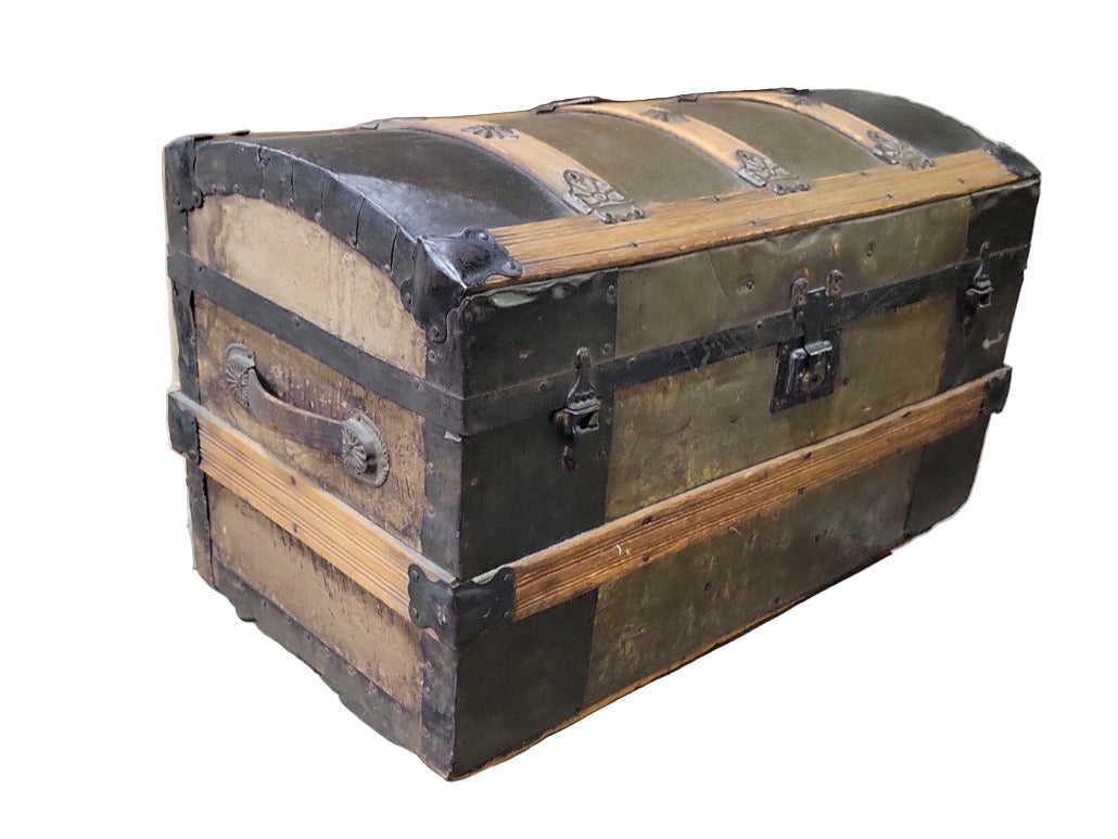Antique Dome-Top Steamer Trunk with Embossed Hardware and Lined Interior