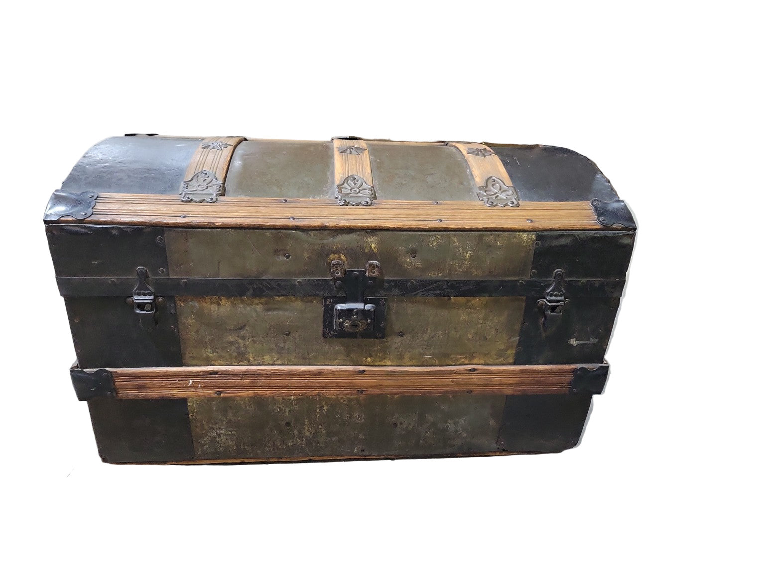 Antique Dome-Top Steamer Trunk with Embossed Hardware and Lined Interior