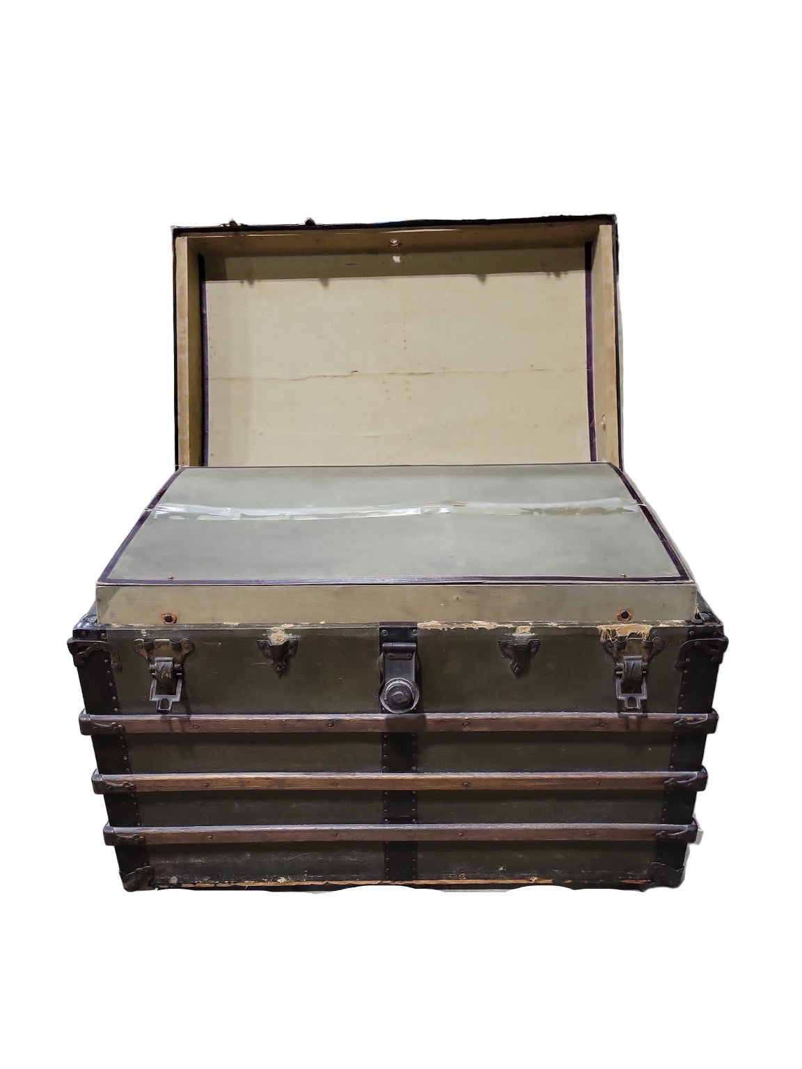 Antique Dome-Top Steamer Trunk with Canvas Wrap and Interior Tray