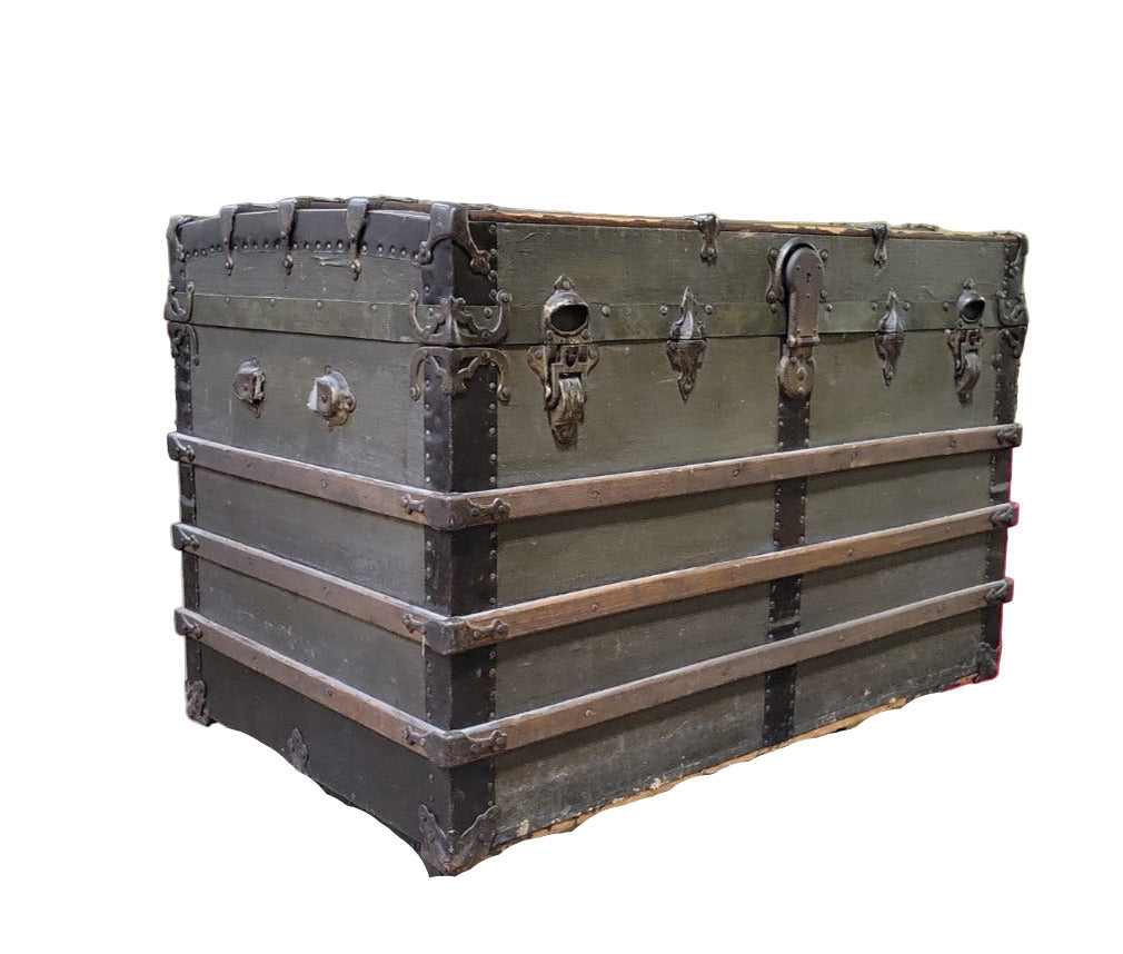 Antique Dome-Top Steamer Trunk with Canvas Wrap and Interior Tray