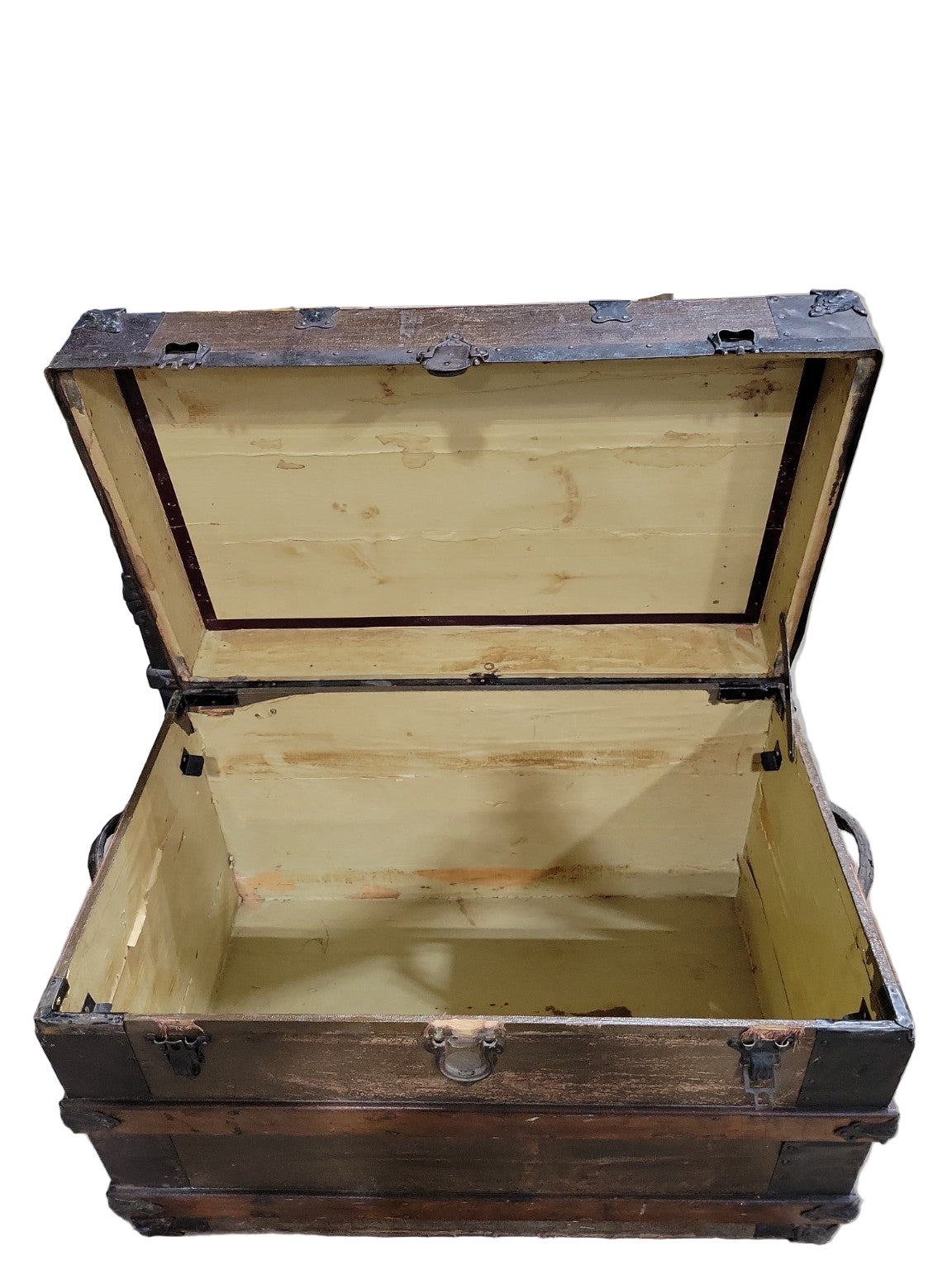 Antique Flat-Top Steamer Trunk with Wood Slats and Worn Olive Canvas Finish