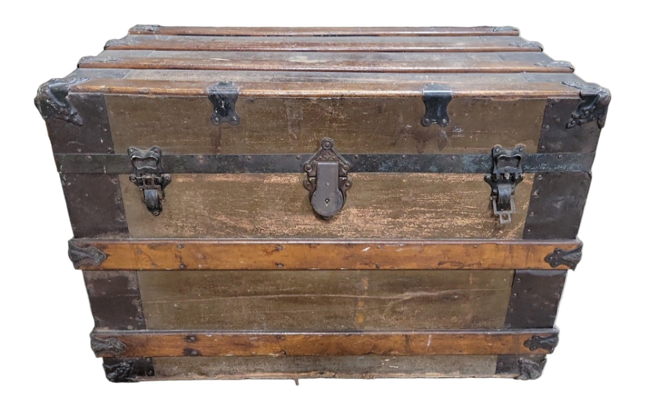 Antique Flat-Top Steamer Trunk with Wood Slats and Worn Olive Canvas Finish