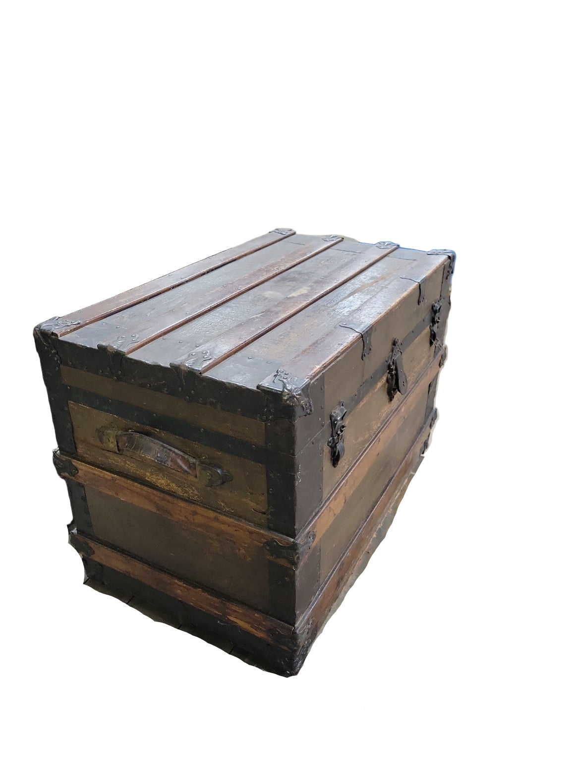 Antique Flat-Top Steamer Trunk with Wood Slats and Worn Olive Canvas Finish