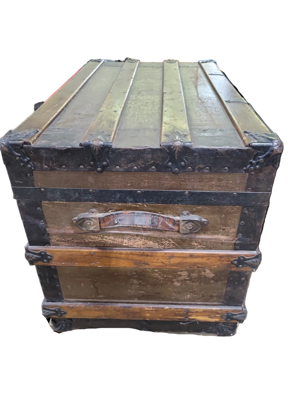 Antique Flat-Top Steamer Trunk with Wood Slats and Worn Olive Canvas Finish