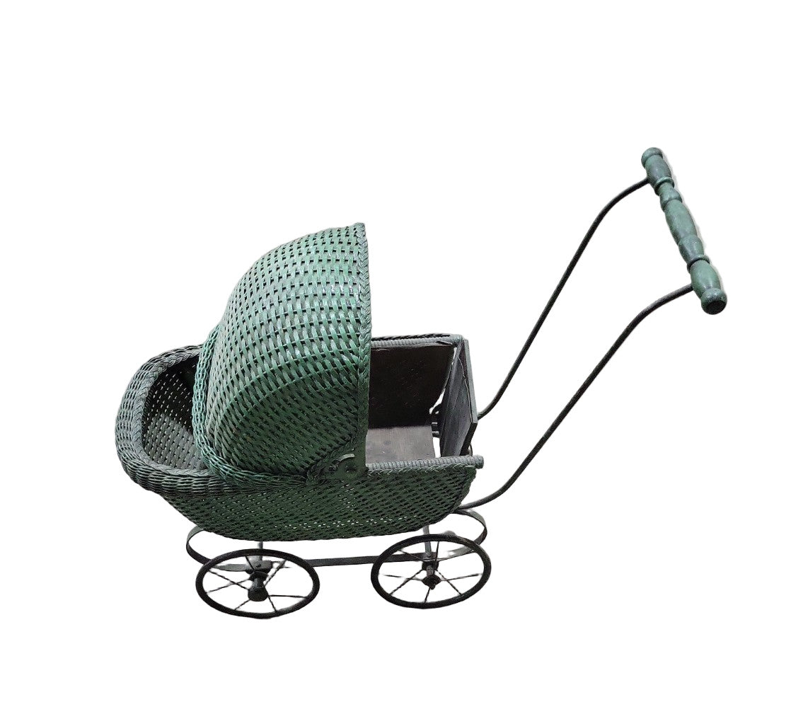 Antique Green Wicker Baby Carriage with Metal Frame and Canopy