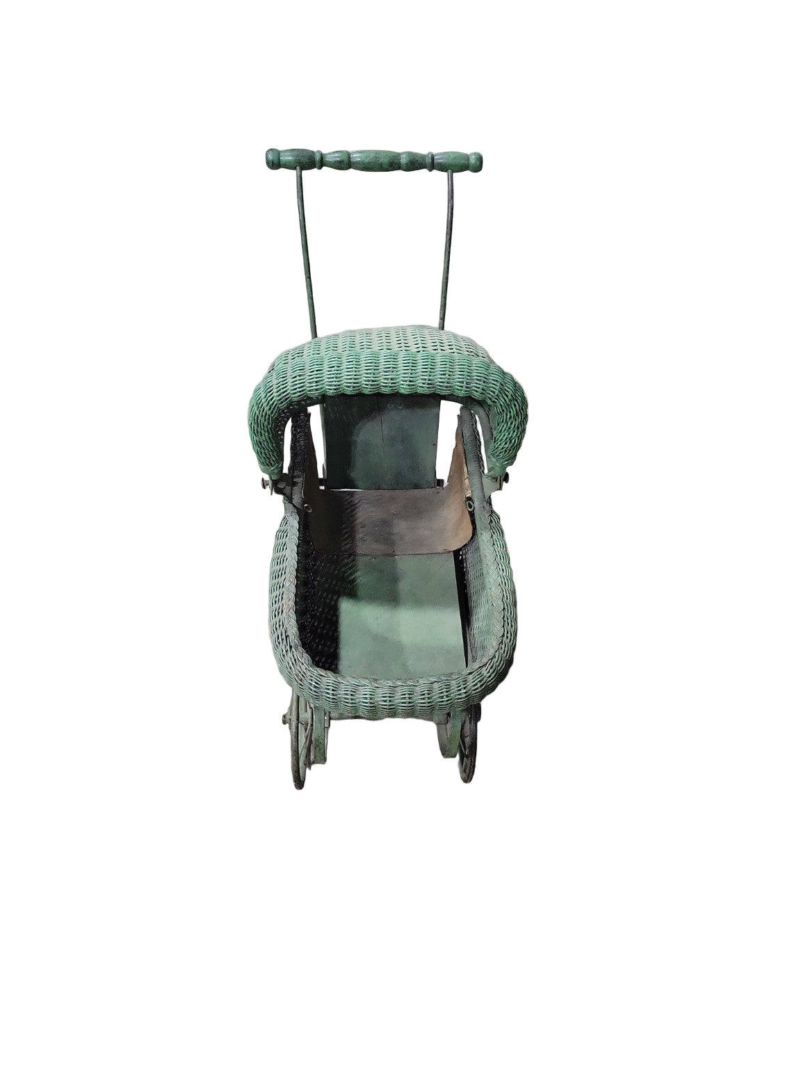 Antique Green Wicker Baby Carriage with Metal Frame and Canopy