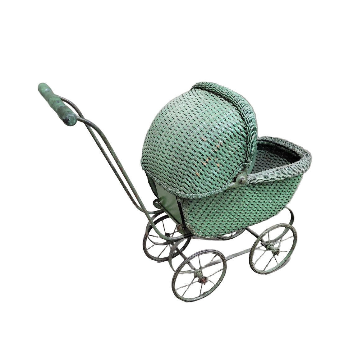 Antique Green Wicker Baby Carriage with Metal Frame and Canopy