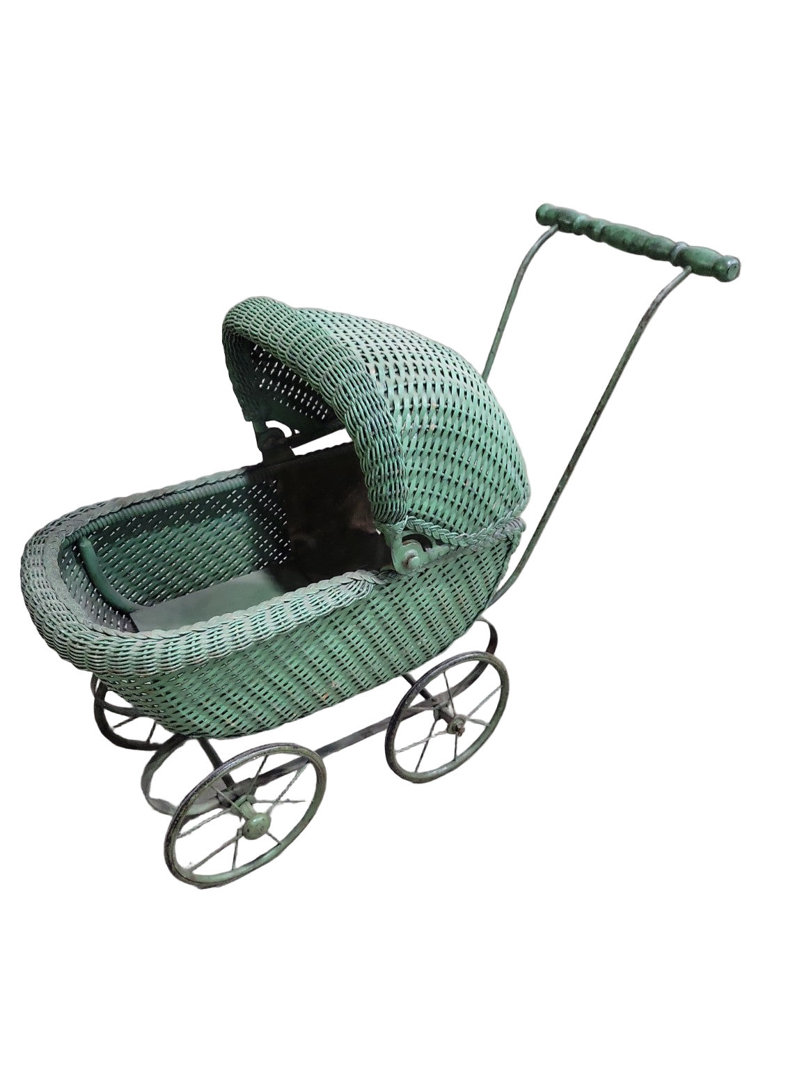 Antique Green Wicker Baby Carriage with Metal Frame and Canopy