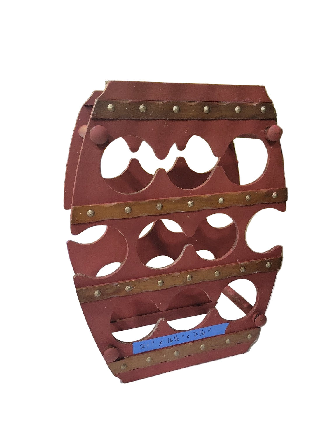 Vintage Red Painted Wood and Brass Studded Wine Rack – 21" x 16 ½" x 7 ¼"