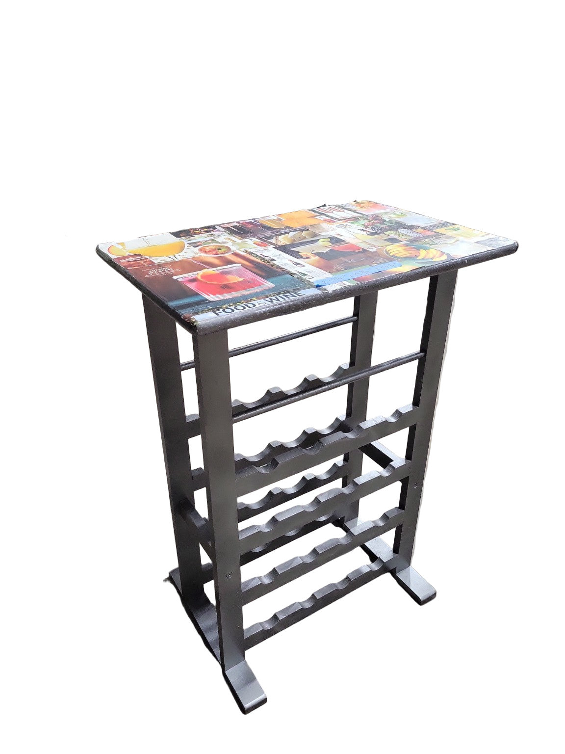 Upcycled Collage-Top Wine Rack Table – 23 ¾" x 15 ¾" x 33 ½"