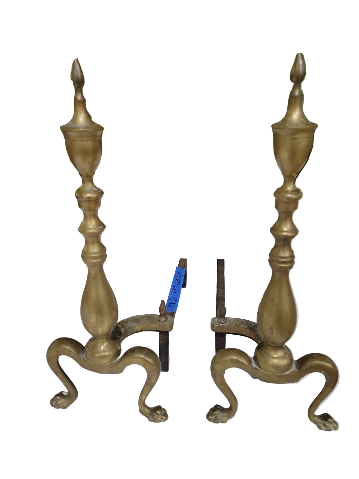 Antique Brass Andirons with Claw Feet – 17 ½" x 8" x 20 ½"