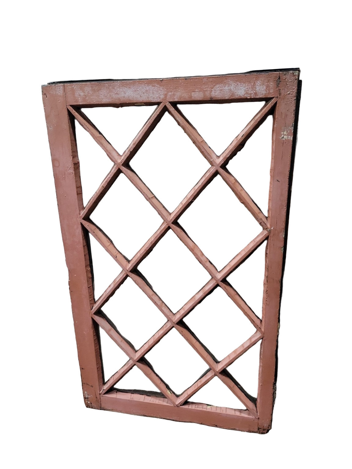 Antique Diamond-Pane Wooden Window Sash with Brass Hardware – 37" x 22" x 1 ¾"