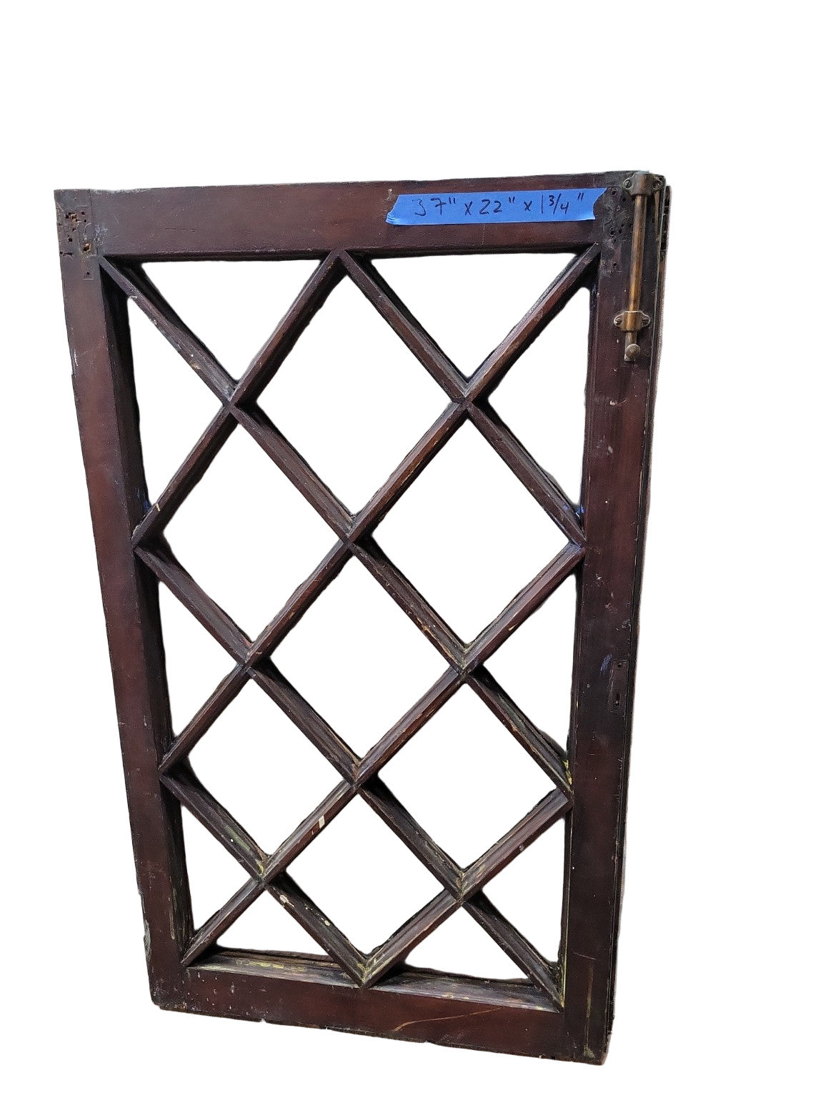 Antique Diamond-Pane Wooden Window Sash with Brass Hardware – 37" x 22" x 1 ¾"