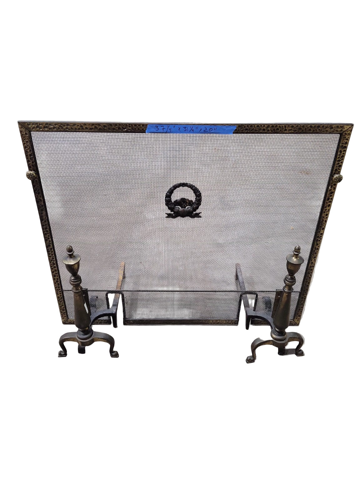 Antique Brass Fireplace Screen with Andirons – 37 ¼" x 31 ¼" x 20"