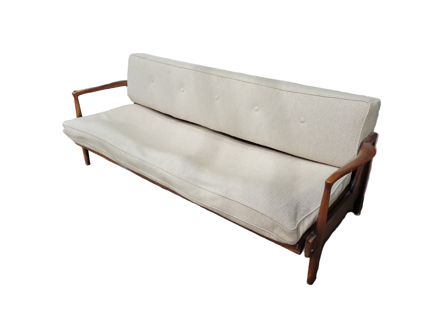 Mid-Century Modern Walnut Futon Sofa Bed with Cream Upholstery