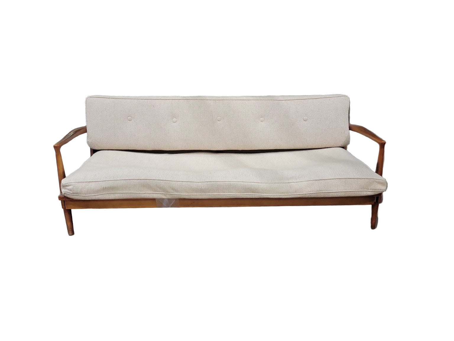 Mid-Century Modern Walnut Futon Sofa Bed with Cream Upholstery
