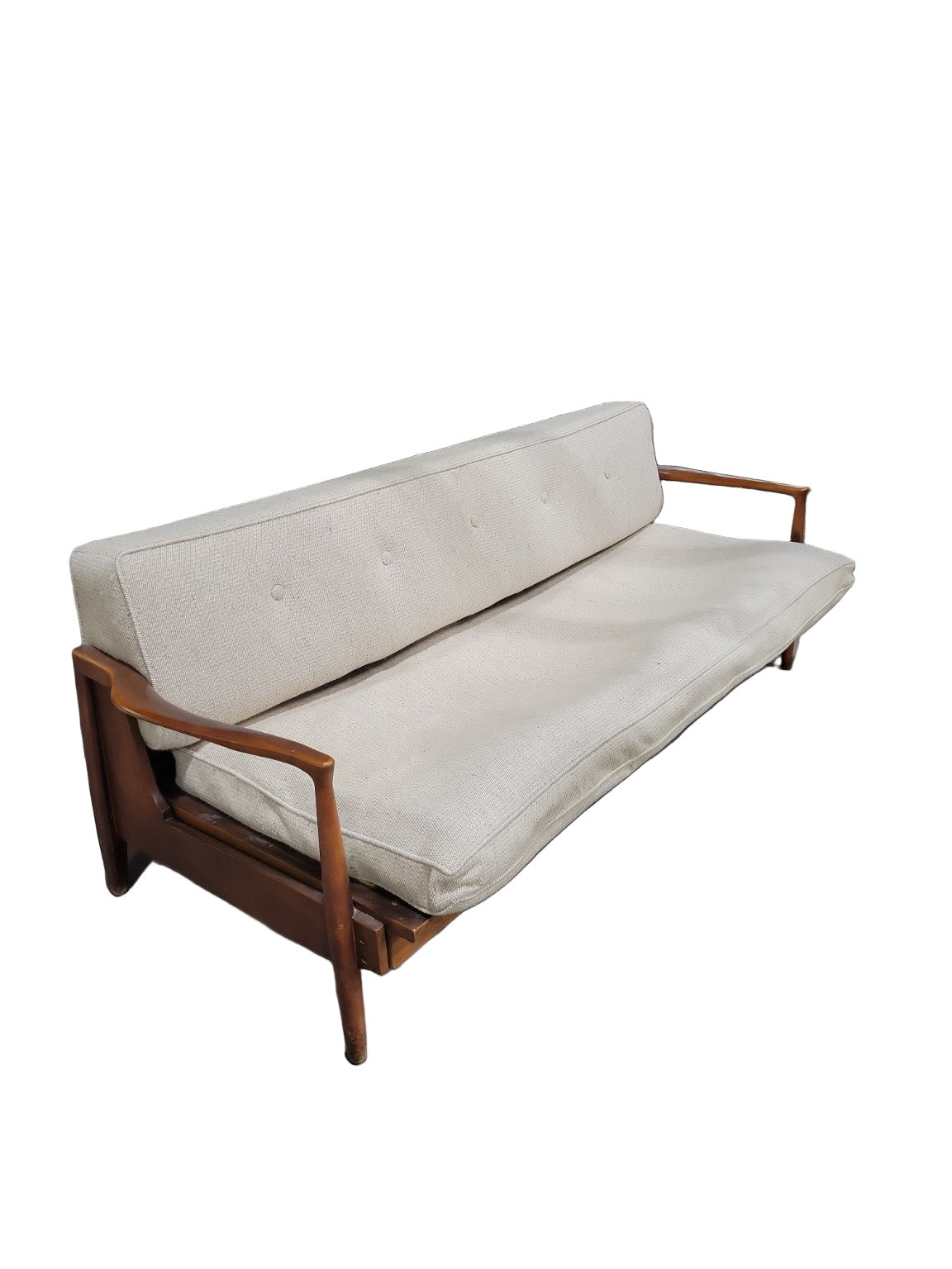 Mid-Century Modern Walnut Futon Sofa Bed with Cream Upholstery
