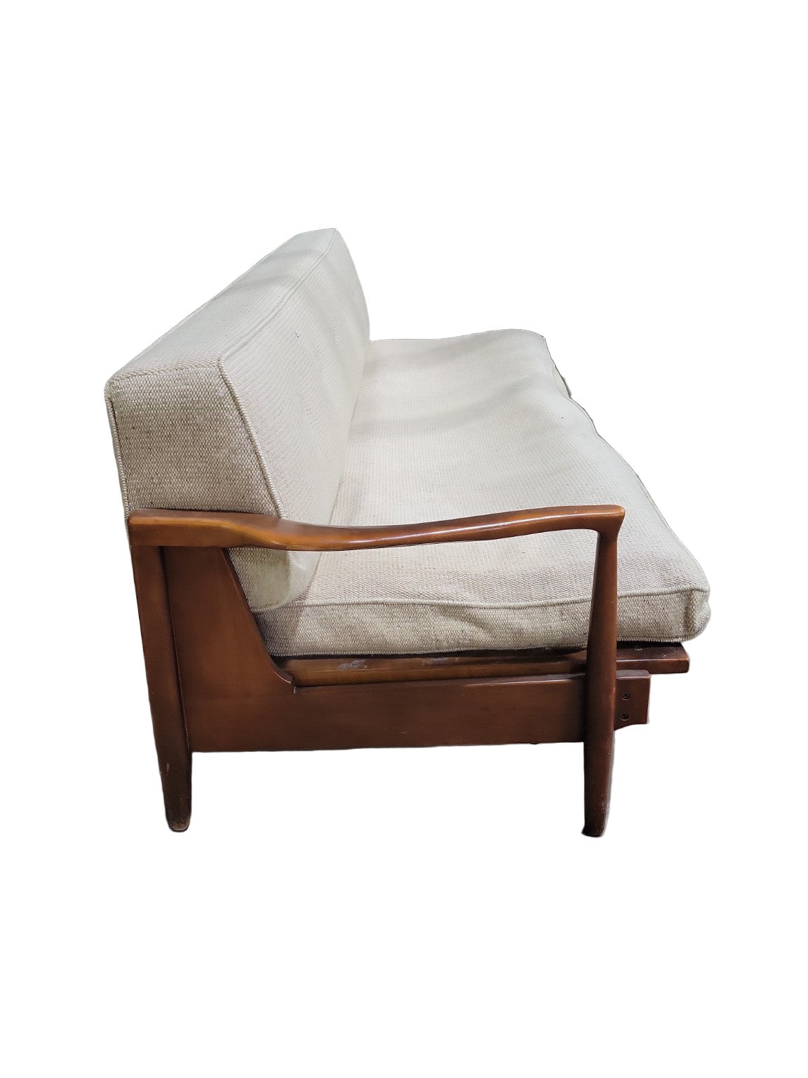 Mid-Century Modern Walnut Futon Sofa Bed with Cream Upholstery