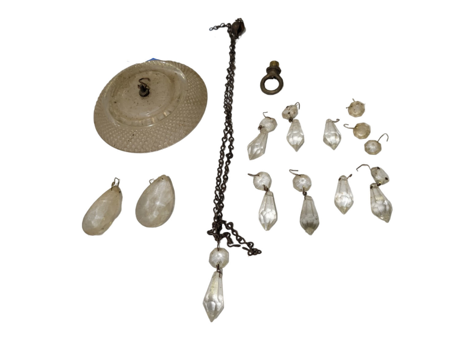 Antique Chandelier Crystal Lot with Pressed Glass Canopy – Mixed Sizes (Set)