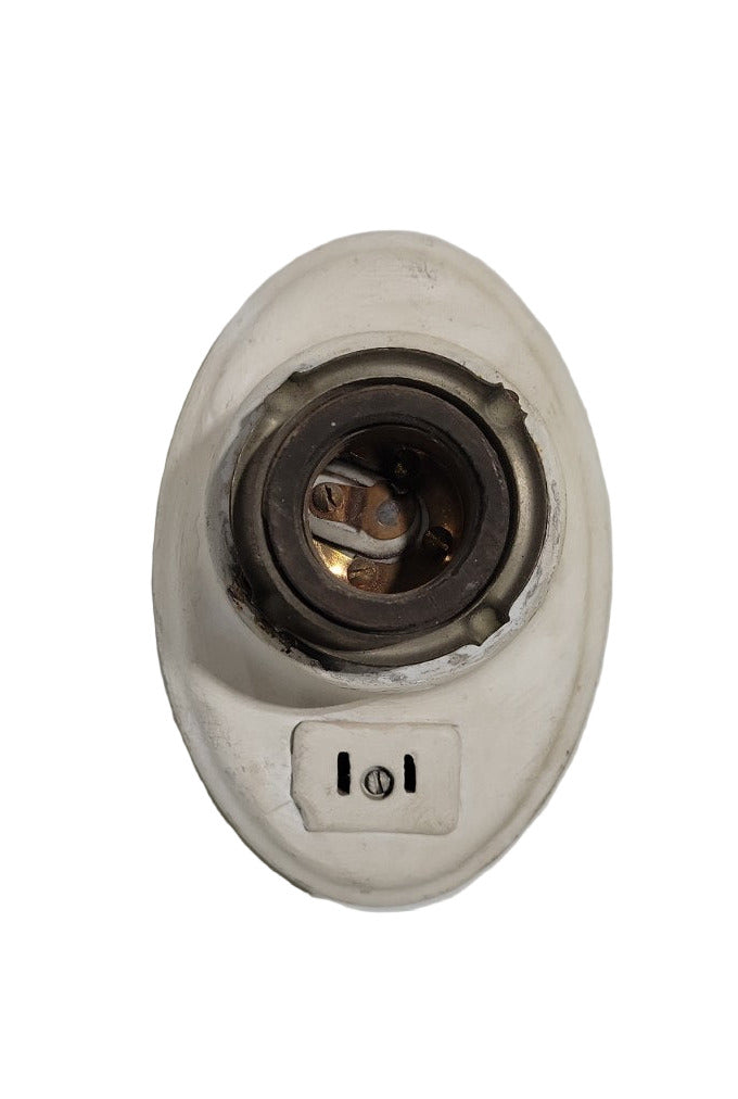 Vintage Metal Wall Mount Light Fixture with Integrated Outlet – White Enamel Finish