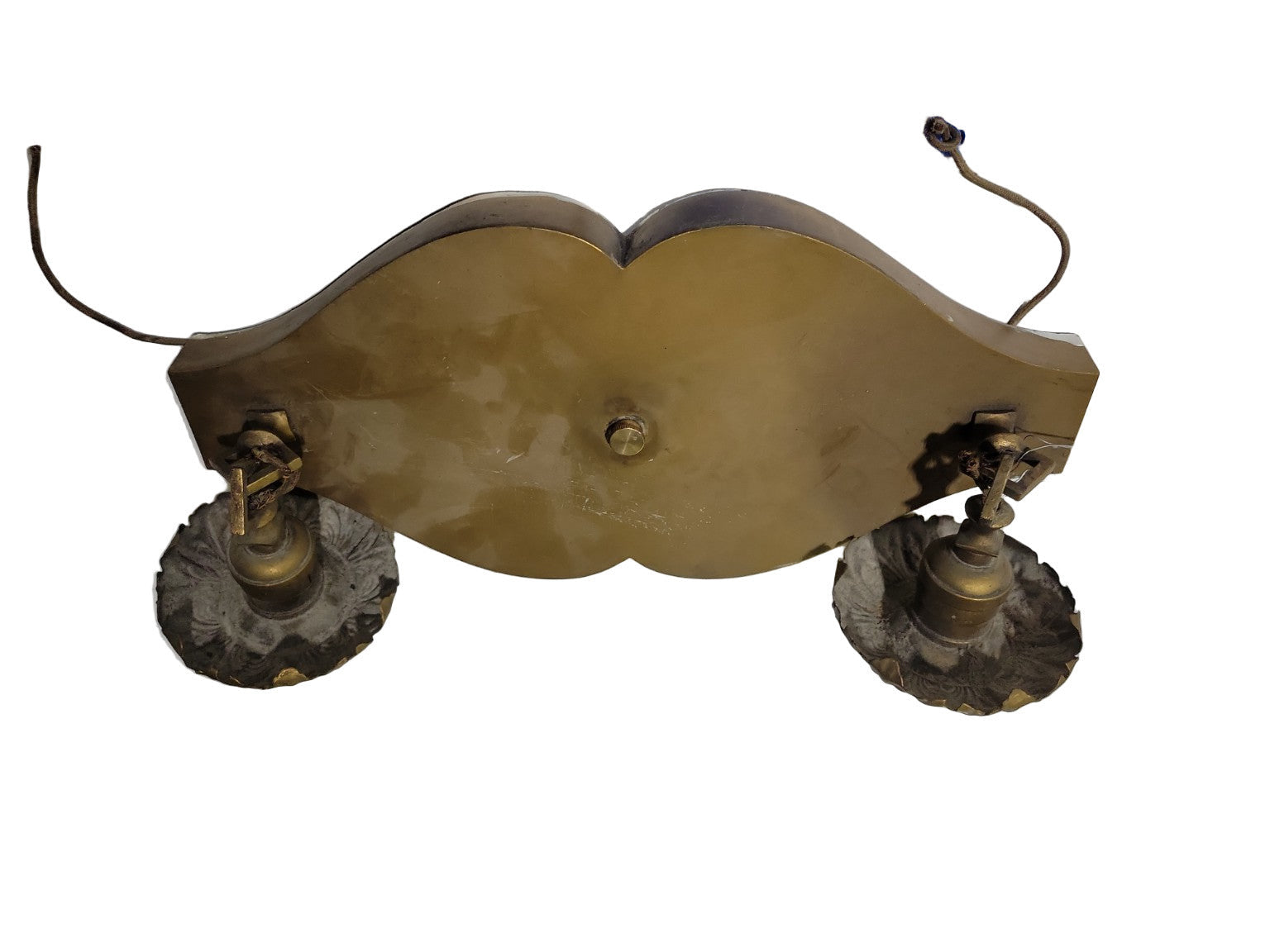 Antique Brass Color Double Arm Ceiling Light Fixture – Ornate Backplate, 14" x 7" x 6"