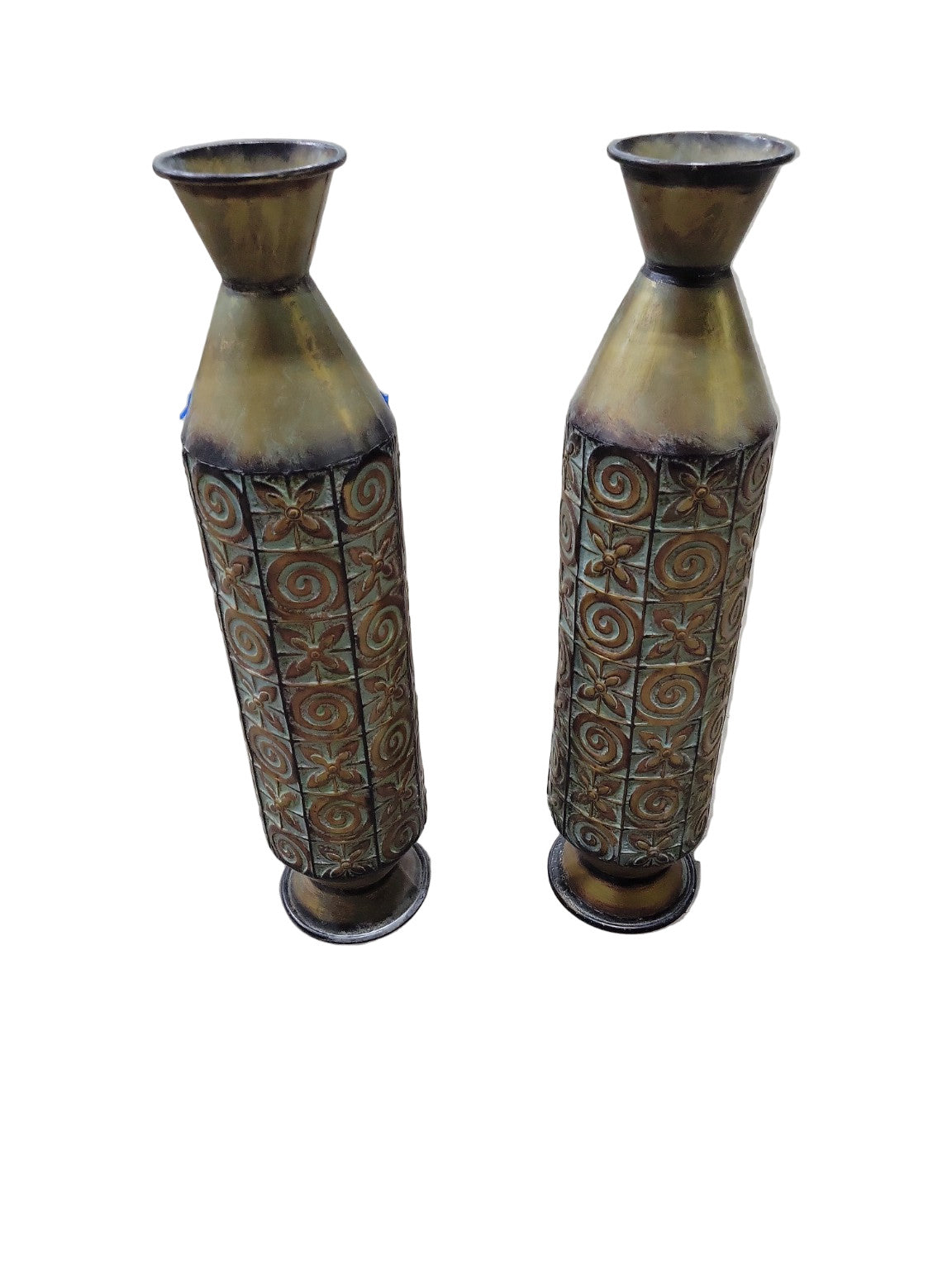 Pair of Tall Embossed Metal Floor Vases – Patina Finish