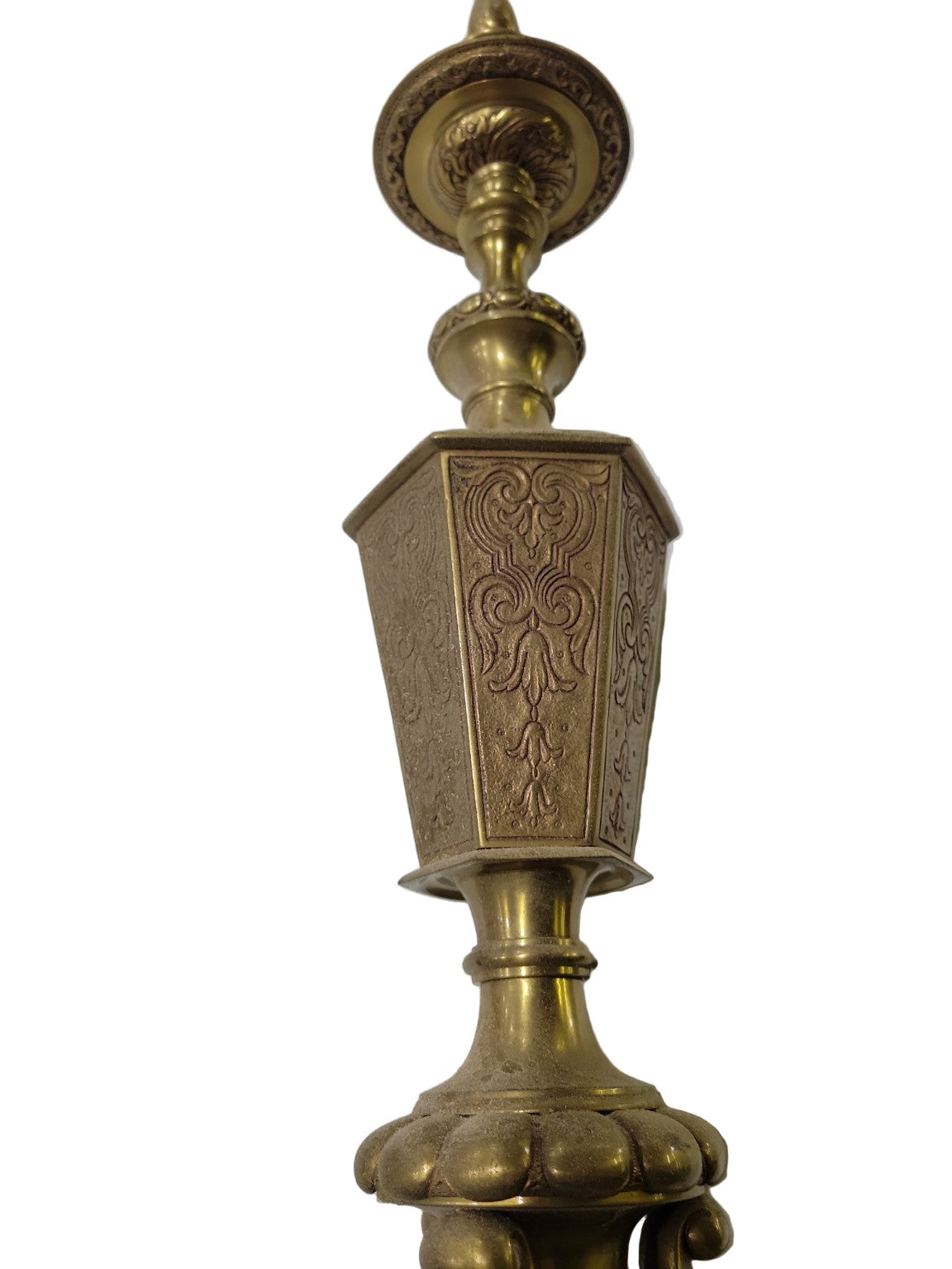 Antique Brass Table Lamp with Hexagonal Base – Ornate Relief Design