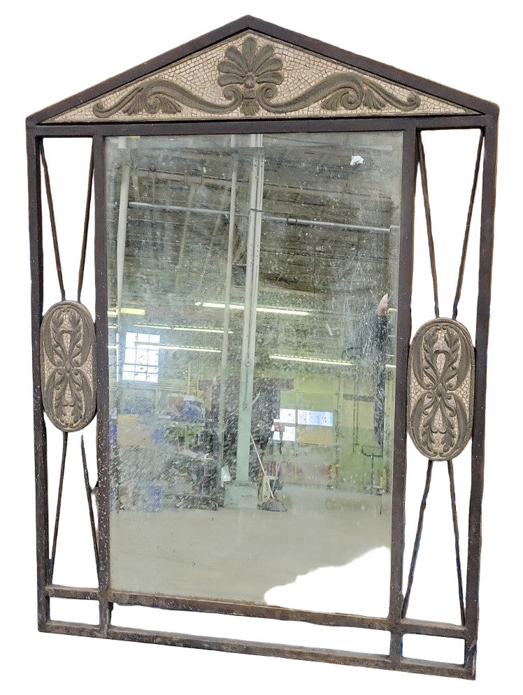 Antique Wrought Iron & Tile Crest Mirror with Shell Motif