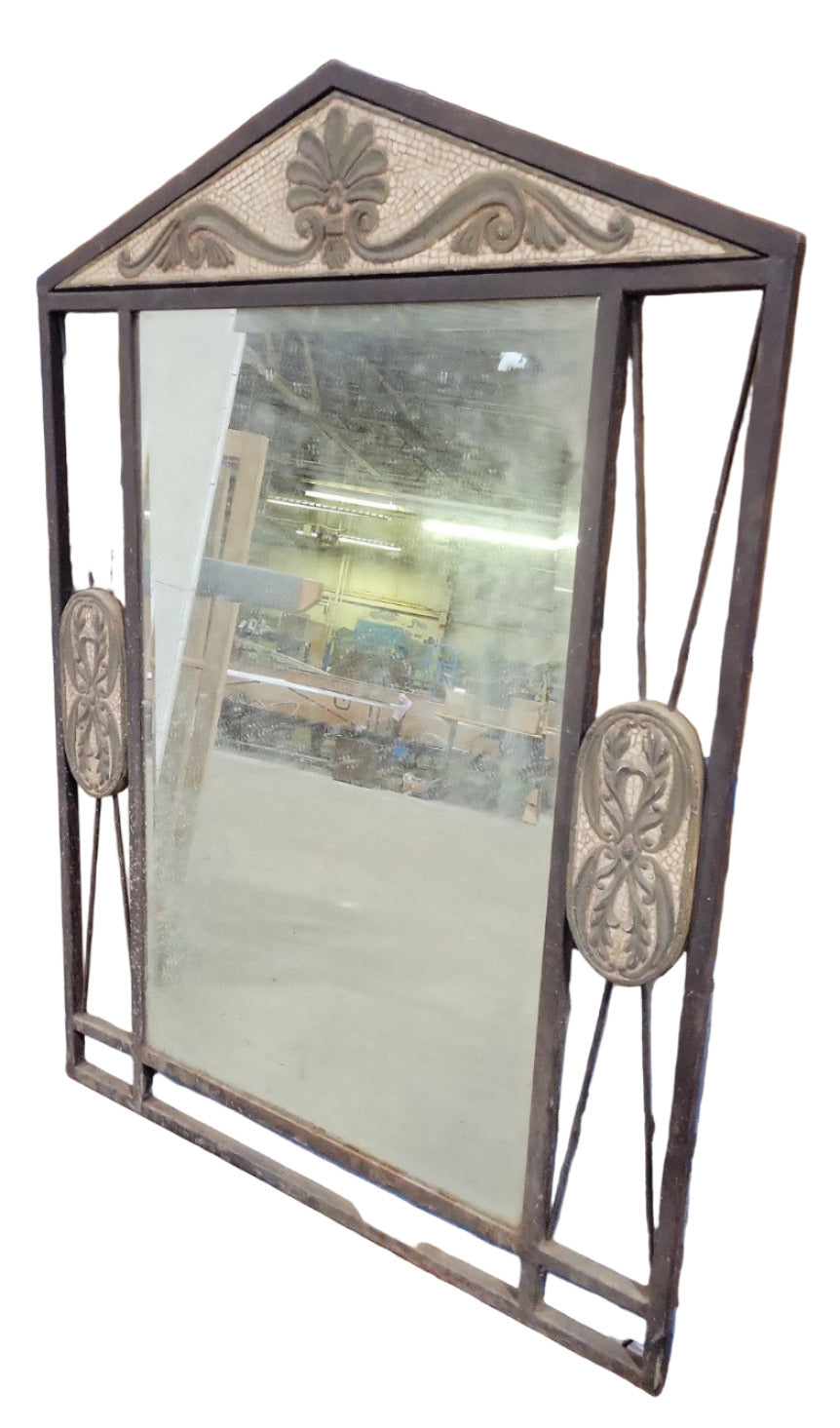 Antique Wrought Iron & Tile Crest Mirror with Shell Motif