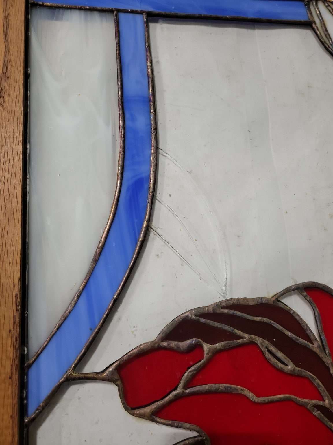 Pair of Handcrafted Stained Glass Floral Panels with Oak Frames