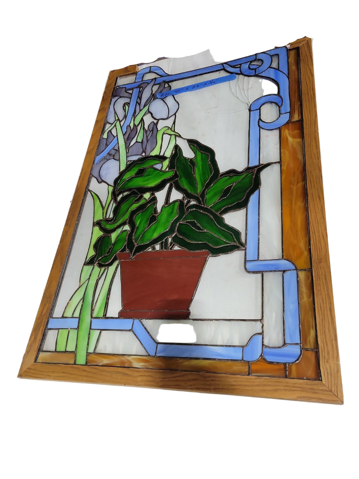 Pair of Handcrafted Stained Glass Floral Panels with Oak Frames