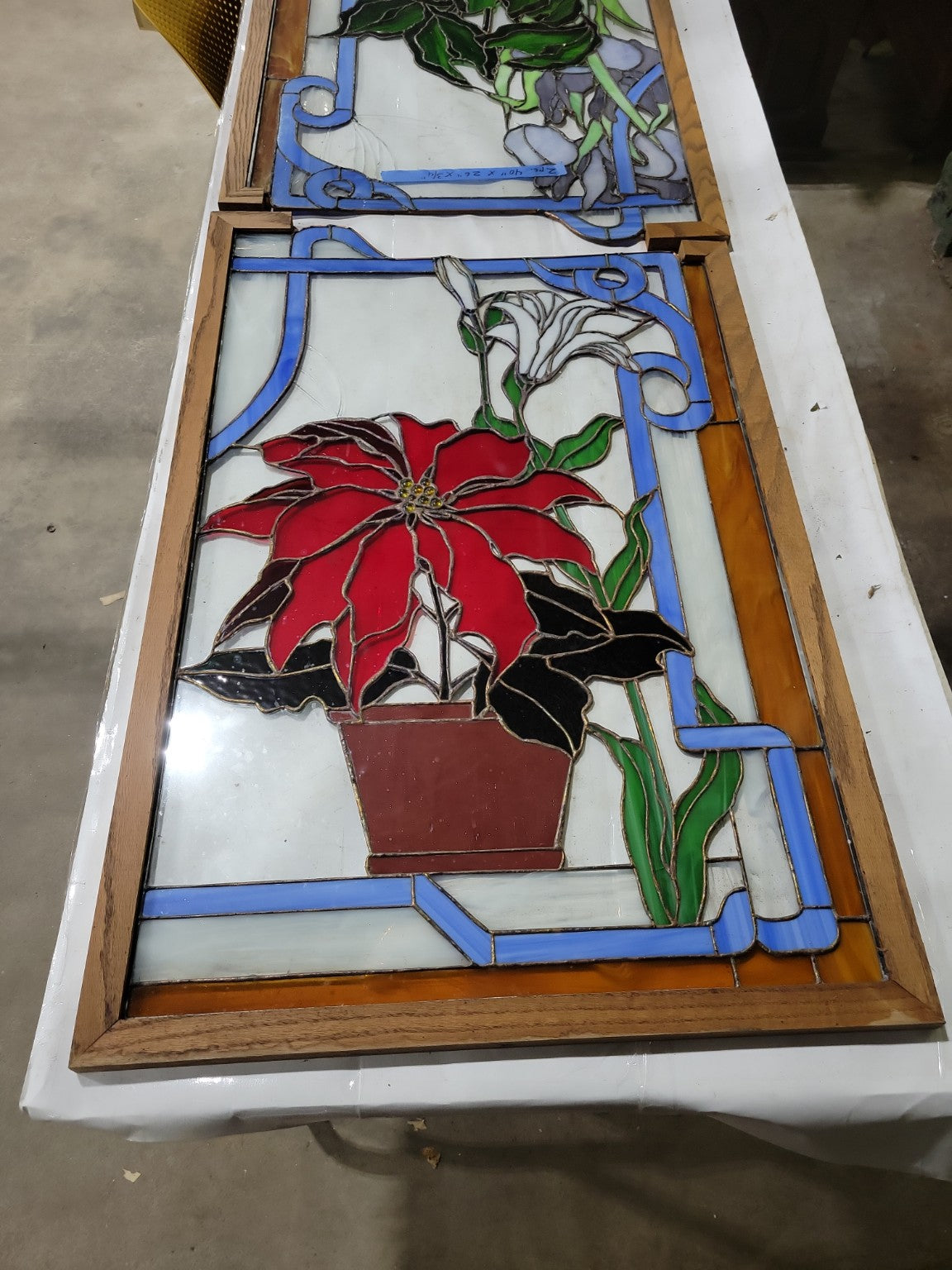 Pair of Handcrafted Stained Glass Floral Panels with Oak Frames