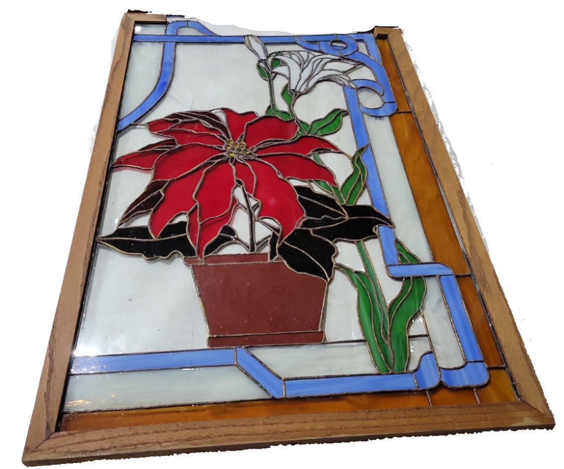 Pair of Handcrafted Stained Glass Floral Panels with Oak Frames
