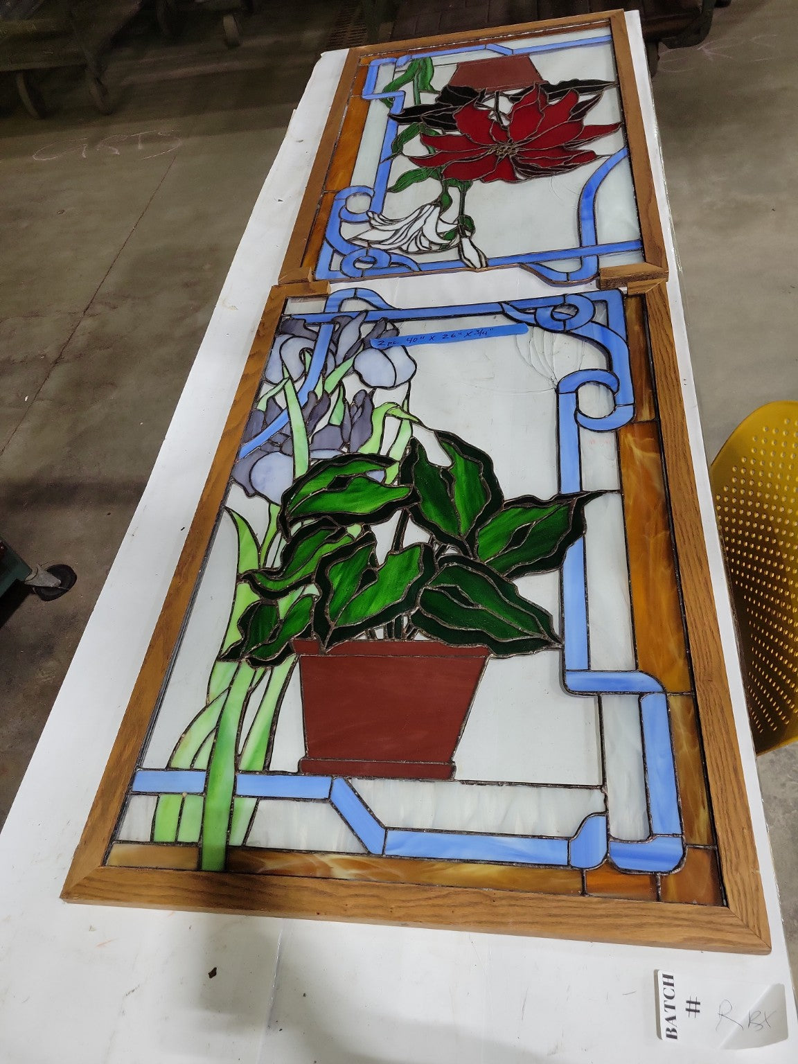 Pair of Handcrafted Stained Glass Floral Panels with Oak Frames