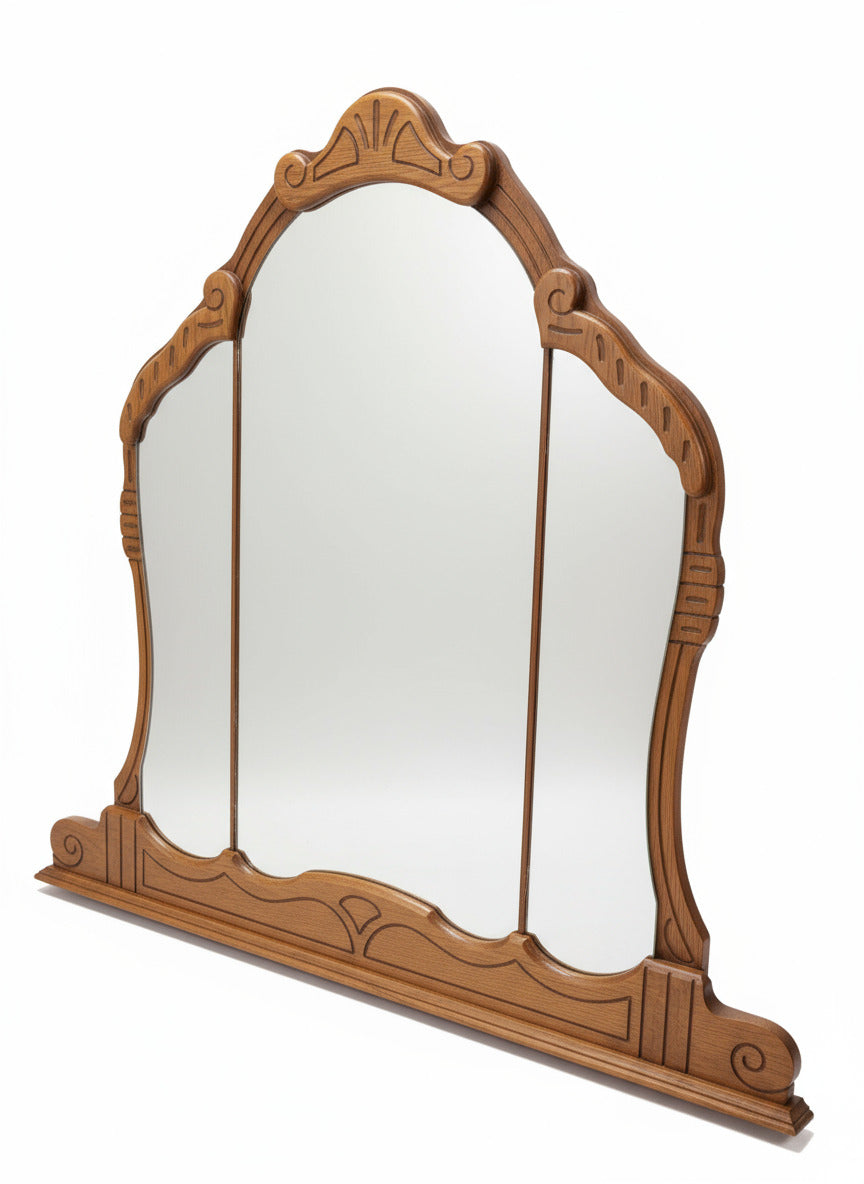 Antique Carved Wood Tri-Panel Dresser Mirror with Arched Crest