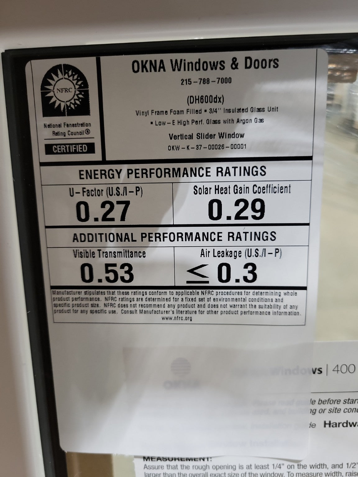 OKNA DH600DX Vinyl Double-Hung Window – Low-E Argon Glass (22" x 33 ¾" x 4 ¼")