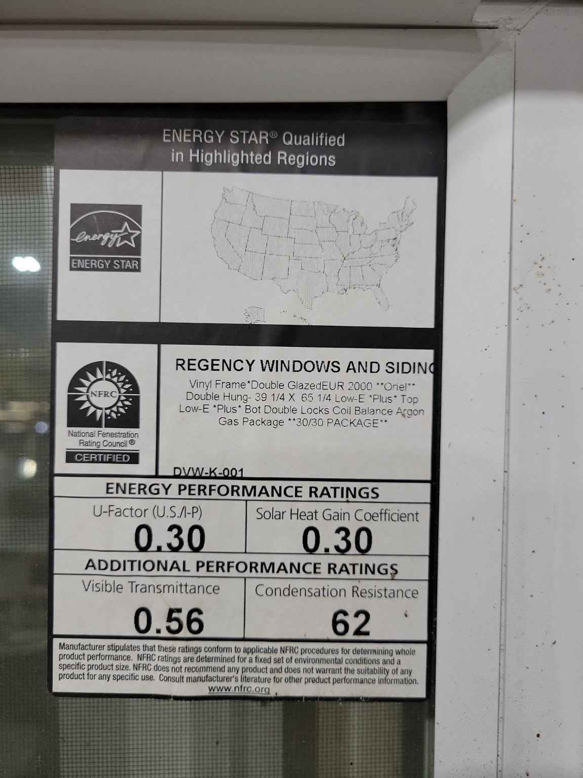Regency Windows and Siding Double Hung Vinyl Window – Energy Star Qualified, 39 ¼" x 65 ¼" x 4"