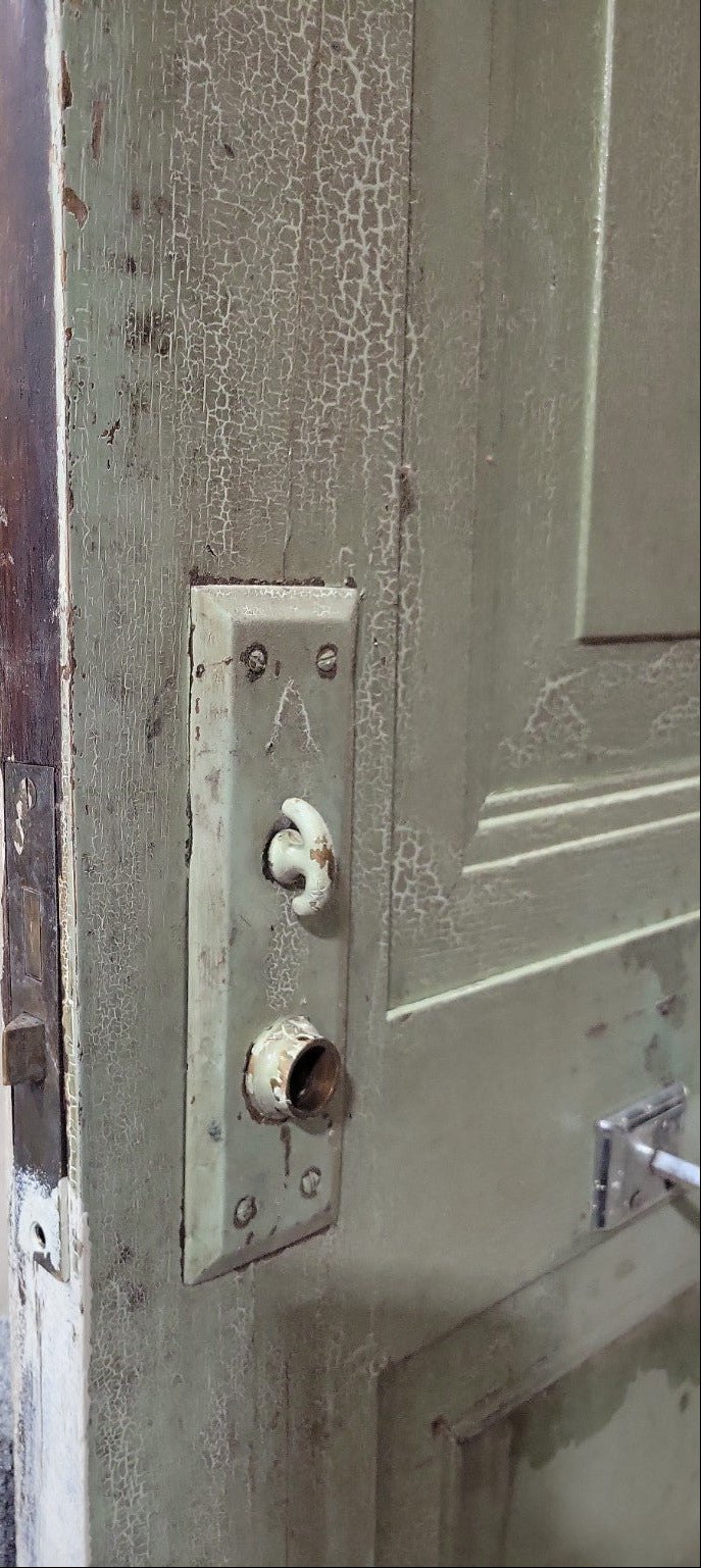 Antique Panel Wood Door with Textured Glass Upper Panel – Painted Green