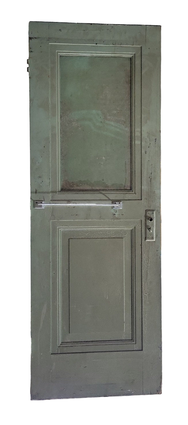 Antique Panel Wood Door with Textured Glass Upper Panel – Painted Green