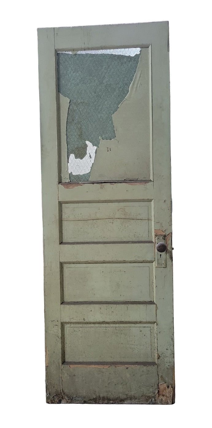 Antique 1-Panel Wood Door with Wired Textured Glass Upper Panel – Green Painted Finish