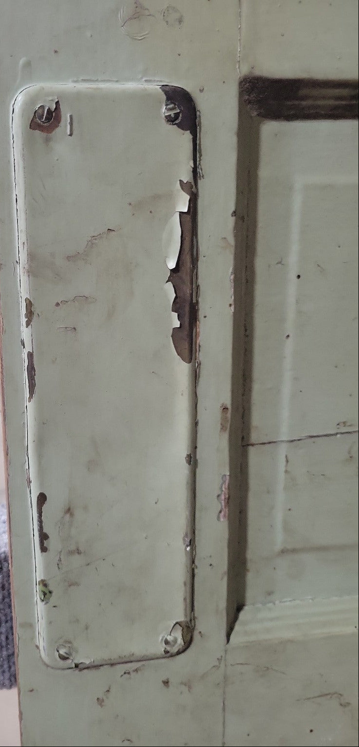 Antique 3-Panel Wood Door with Pebbled Glass Lower Panel – Green Painted Finish